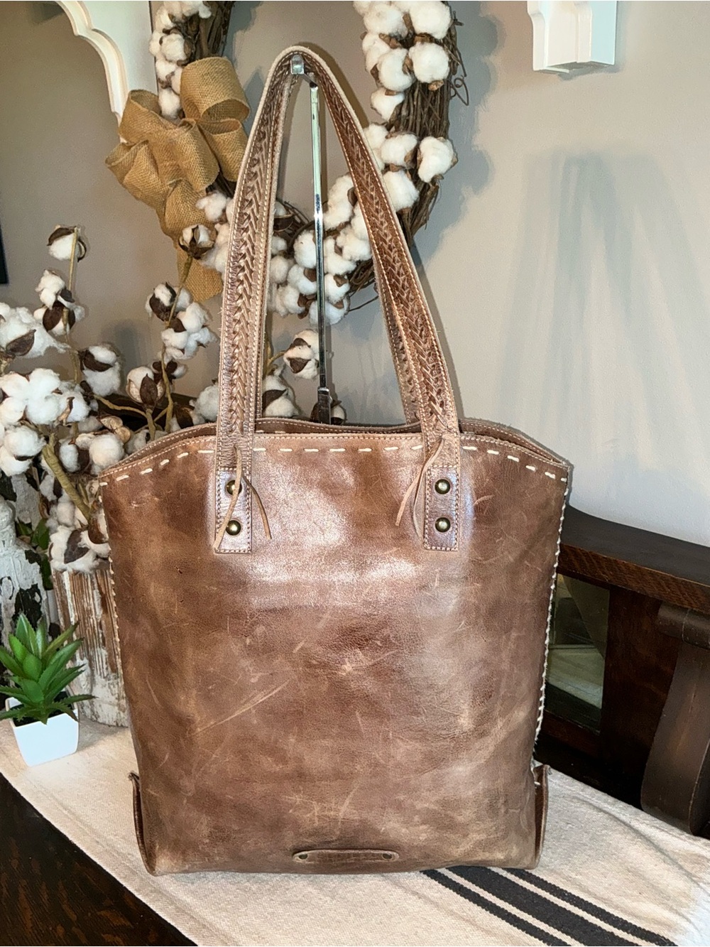 Bed Stu Leather Barra Tote Shoulder Bag Taupe Rustic Retail $345